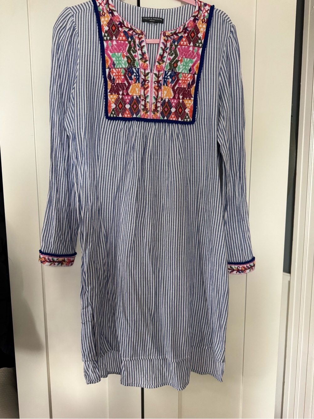 Chelsea and Theodore. Striped embroidered dress.